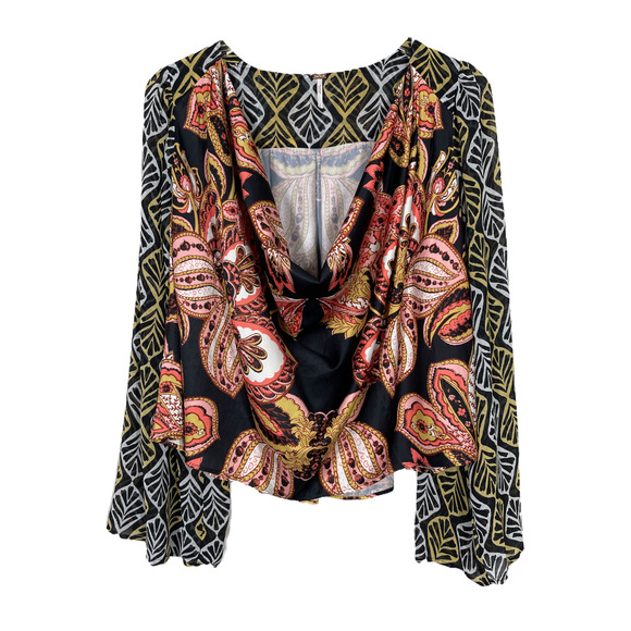 Free People Tops - Free People Aleena Blouse Small Black Paisley Boho Print Bell Sleeve Cowl Neck